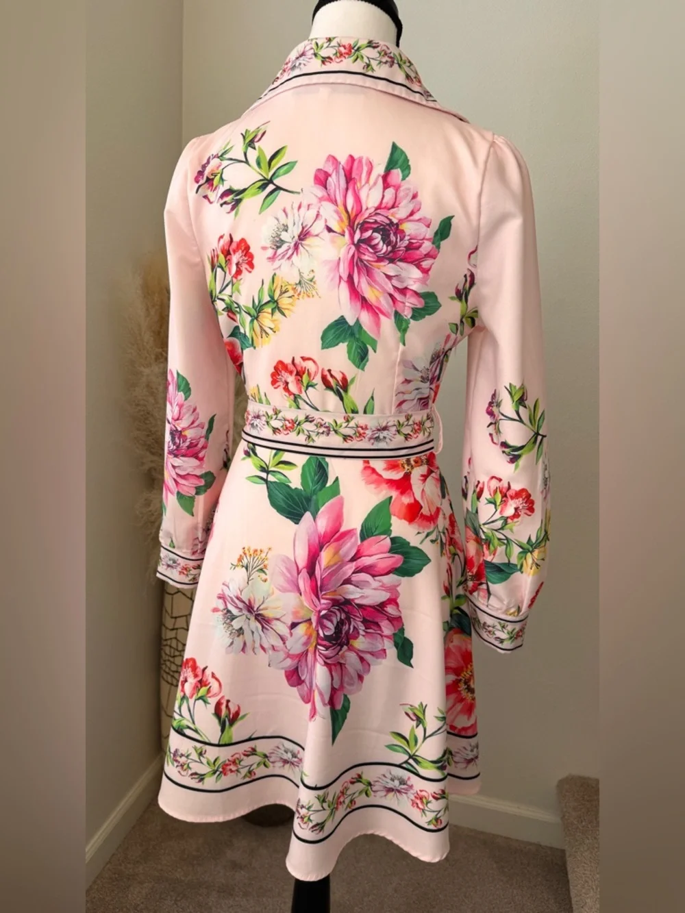 DALIA MACPHEE Pink Floral Long-Sleeve Shirt Dress with Tie Waist - S - Picture 5 of 8